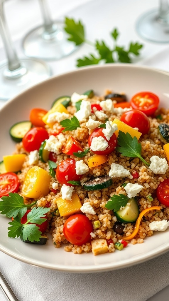 Gourmet quinoa salad with roasted vegetables and feta cheese, elegantly presented on a fine dining table.